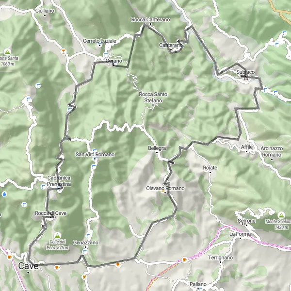 Map miniature of "Subiaco - Bellegra - Rocca Canterano Loop" cycling inspiration in Lazio, Italy. Generated by Tarmacs.app cycling route planner