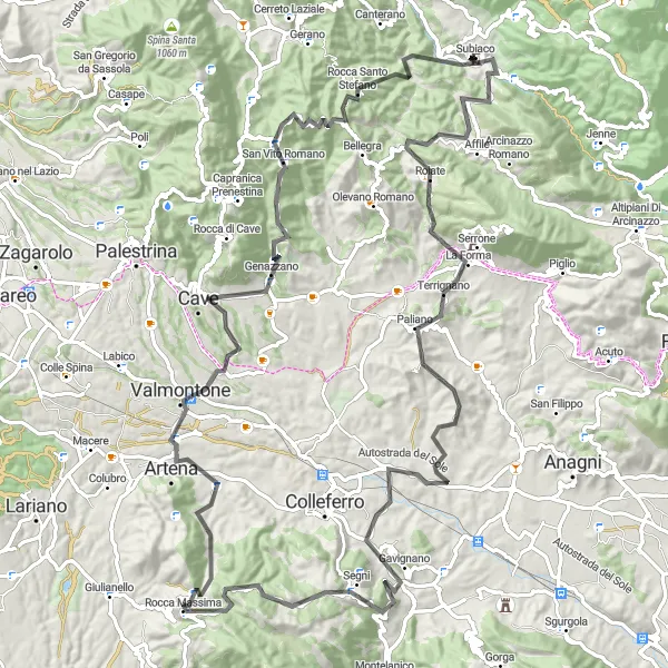 Map miniature of "Scenic Road to Gavignano" cycling inspiration in Lazio, Italy. Generated by Tarmacs.app cycling route planner