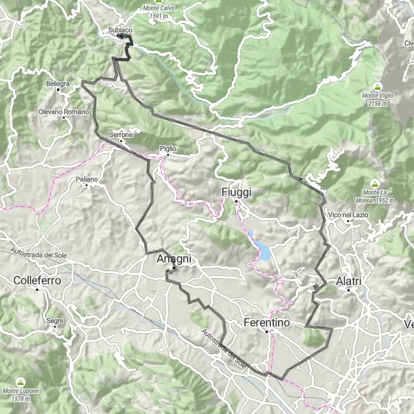 Map miniature of "Mountain Challenge: Guarcino Loop" cycling inspiration in Lazio, Italy. Generated by Tarmacs.app cycling route planner