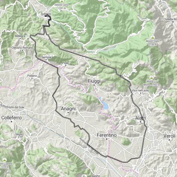 Map miniature of "The Enchanting Alatri Loop" cycling inspiration in Lazio, Italy. Generated by Tarmacs.app cycling route planner