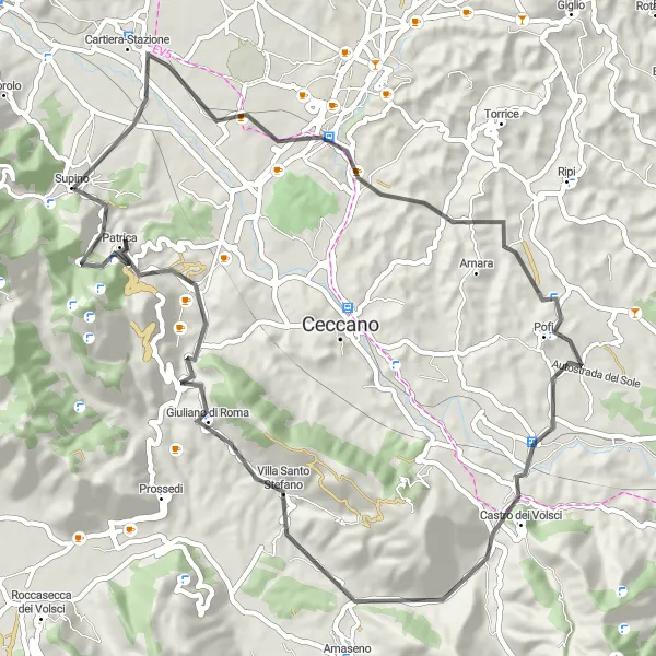 Map miniature of "Cartiera-Stazione to Castro dei Volsci via Pofi" cycling inspiration in Lazio, Italy. Generated by Tarmacs.app cycling route planner