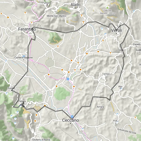 Map miniature of "Ferentino to Ceccano and Patrica Loop" cycling inspiration in Lazio, Italy. Generated by Tarmacs.app cycling route planner