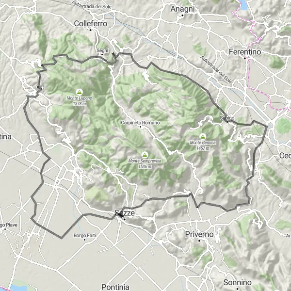 Miniatura della mappa di ispirazione al ciclismo "Circuito in bicicletta da Supino a Prossedi e oltre" nella regione di Lazio, Italy. Generata da Tarmacs.app, pianificatore di rotte ciclistiche