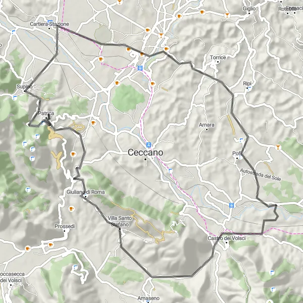 Miniatura della mappa di ispirazione al ciclismo "Percorso ciclistico attraverso Pofi e Castro dei Volsci" nella regione di Lazio, Italy. Generata da Tarmacs.app, pianificatore di rotte ciclistiche