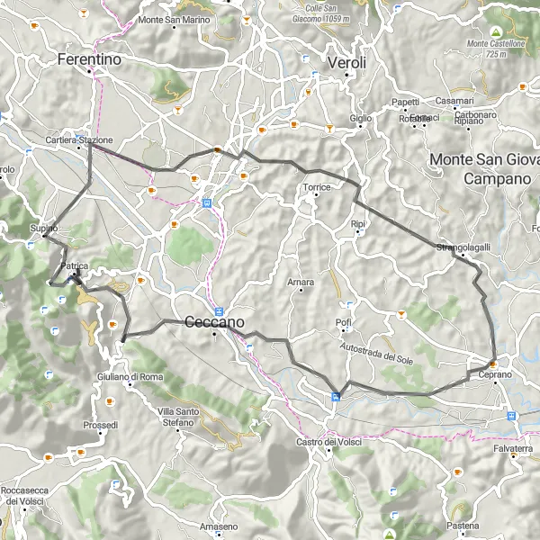 Miniatura della mappa di ispirazione al ciclismo "Avventura ciclistica tra Frosinone e Patrica" nella regione di Lazio, Italy. Generata da Tarmacs.app, pianificatore di rotte ciclistiche