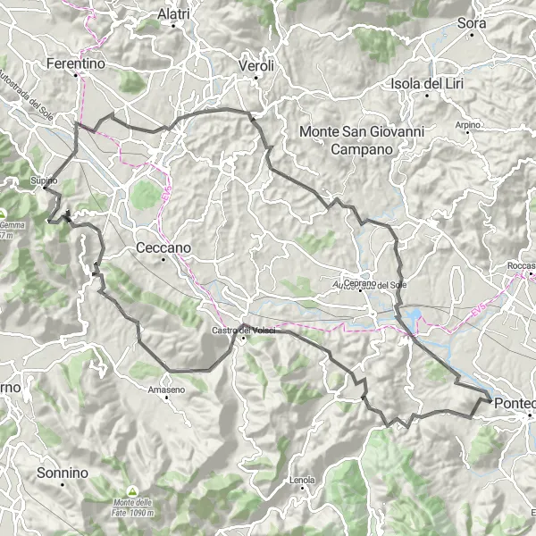 Miniatura della mappa di ispirazione al ciclismo "Giro in bicicletta lungo le colline di Supino" nella regione di Lazio, Italy. Generata da Tarmacs.app, pianificatore di rotte ciclistiche