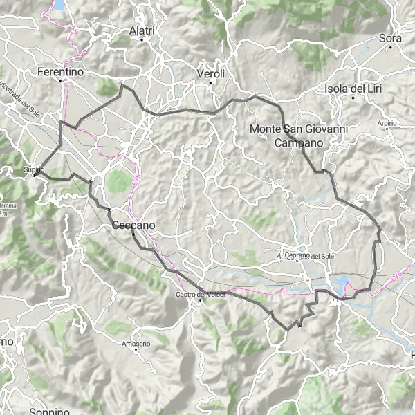 Map miniature of "Campano Circuit" cycling inspiration in Lazio, Italy. Generated by Tarmacs.app cycling route planner