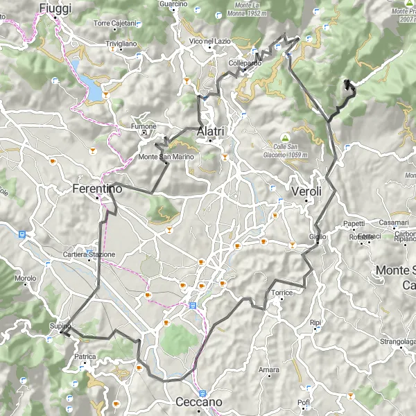 Miniatura della mappa di ispirazione al ciclismo "Giro in bicicletta da Supino" nella regione di Lazio, Italy. Generata da Tarmacs.app, pianificatore di rotte ciclistiche