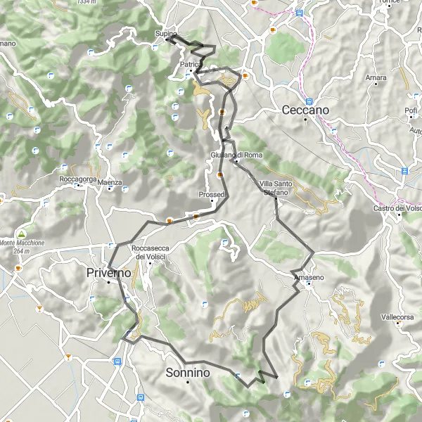 Map miniature of "Giuliano di Roma to Prossedi and Amaseno" cycling inspiration in Lazio, Italy. Generated by Tarmacs.app cycling route planner