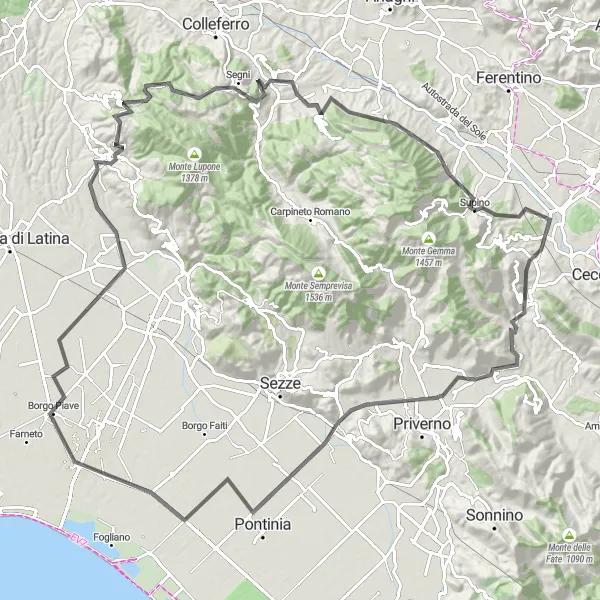 Map miniature of "Rocca Massima Granfondo" cycling inspiration in Lazio, Italy. Generated by Tarmacs.app cycling route planner