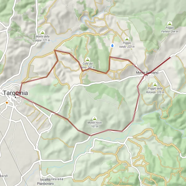Map miniature of "Tarquinia to Poggio Ficonaccia Gravel Ride" cycling inspiration in Lazio, Italy. Generated by Tarmacs.app cycling route planner