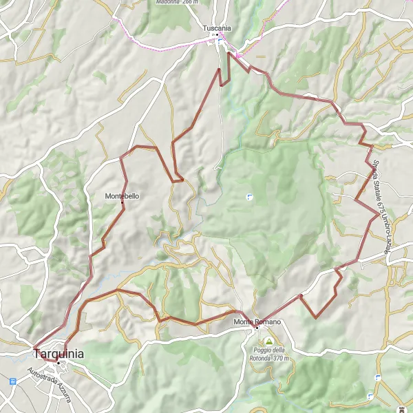 Map miniature of "Tarquinia to Poggio Cerquabella Gravel Ride" cycling inspiration in Lazio, Italy. Generated by Tarmacs.app cycling route planner