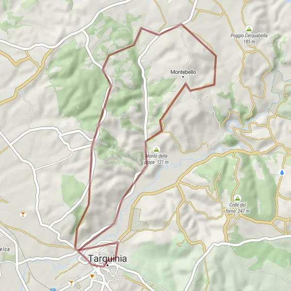 Map miniature of "Tarquinia to Monte della Vipera Gravel Ride" cycling inspiration in Lazio, Italy. Generated by Tarmacs.app cycling route planner