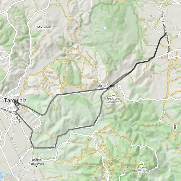 Miniatura della mappa di ispirazione al ciclismo "Cicloturismo su strada a Monte Romano" nella regione di Lazio, Italy. Generata da Tarmacs.app, pianificatore di rotte ciclistiche