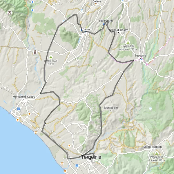 Map miniature of "Tarquinia to Vulci Loop" cycling inspiration in Lazio, Italy. Generated by Tarmacs.app cycling route planner