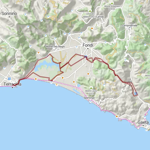 Map miniature of "Terracina to Lago di Fondi Gravel Cycling Adventure" cycling inspiration in Lazio, Italy. Generated by Tarmacs.app cycling route planner