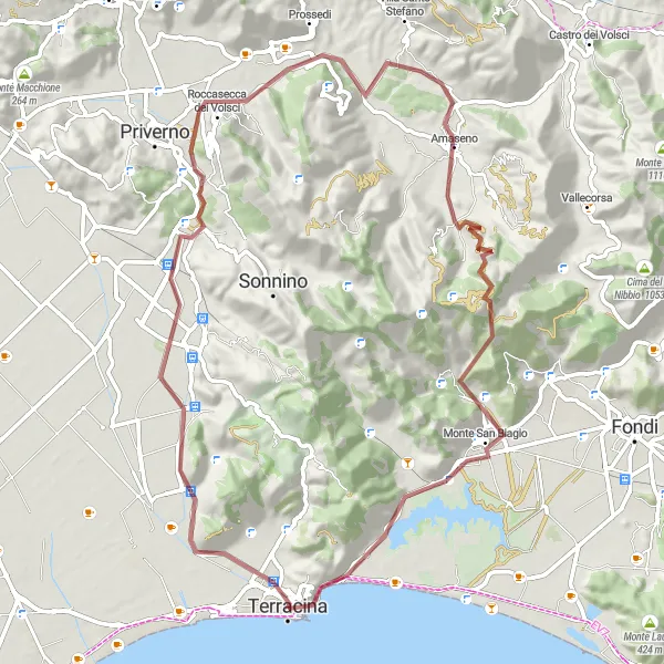 Map miniature of "Terracina to Piazza Palatina Gravel Adventure" cycling inspiration in Lazio, Italy. Generated by Tarmacs.app cycling route planner