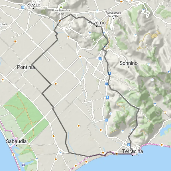 Miniatura della mappa di ispirazione al ciclismo "Giro in bici da Terracina a Borgo Vodice e Castello Frangipane" nella regione di Lazio, Italy. Generata da Tarmacs.app, pianificatore di rotte ciclistiche