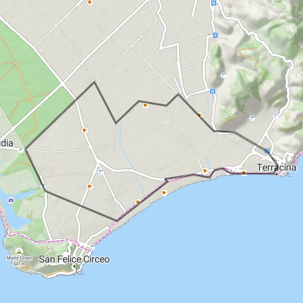 Map miniature of "Terracina and Castello Frangipane" cycling inspiration in Lazio, Italy. Generated by Tarmacs.app cycling route planner