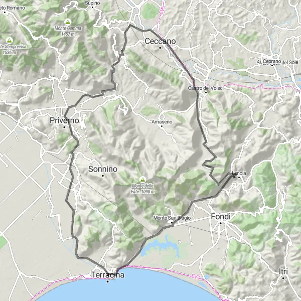 Miniatura della mappa di ispirazione al ciclismo "Viaggio in bici da Terracina al Lago di Fondi" nella regione di Lazio, Italy. Generata da Tarmacs.app, pianificatore di rotte ciclistiche