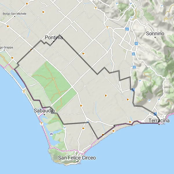 Miniatura della mappa di ispirazione al ciclismo "Giro in bici da Terracina a Sabaudia e Pontinia" nella regione di Lazio, Italy. Generata da Tarmacs.app, pianificatore di rotte ciclistiche