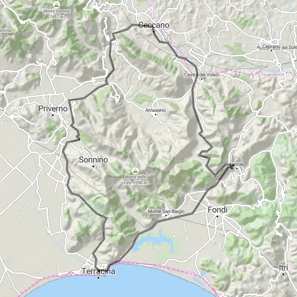 Map miniature of "Terracina to Monte San Biagio Ultimate Cycling Challenge" cycling inspiration in Lazio, Italy. Generated by Tarmacs.app cycling route planner