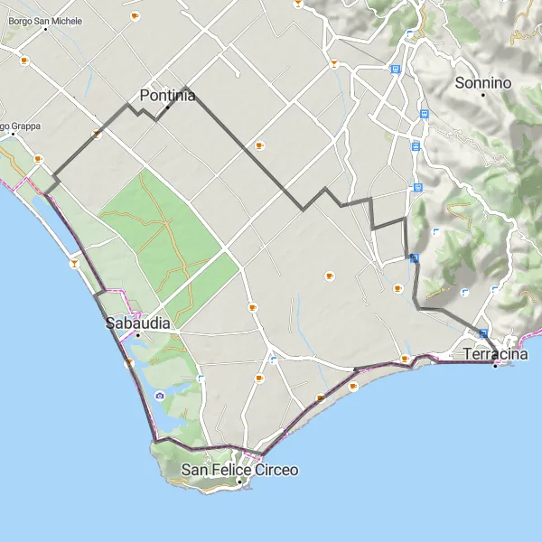 Map miniature of "Terracina and Villa di Domiziano" cycling inspiration in Lazio, Italy. Generated by Tarmacs.app cycling route planner