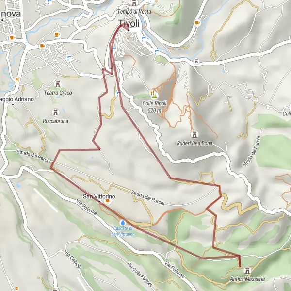 Miniatura della mappa di ispirazione al ciclismo "Esplorazione Gravel da Tivoli a Rocca Pia" nella regione di Lazio, Italy. Generata da Tarmacs.app, pianificatore di rotte ciclistiche