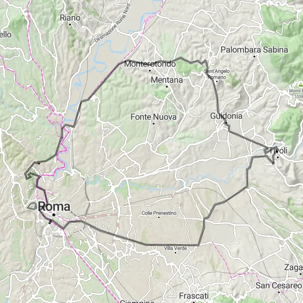 Map miniature of "Tivoli Ascent Loop" cycling inspiration in Lazio, Italy. Generated by Tarmacs.app cycling route planner