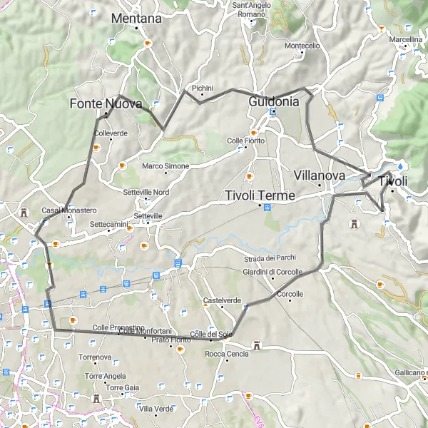 Map miniature of "Tivoli Full Loop" cycling inspiration in Lazio, Italy. Generated by Tarmacs.app cycling route planner