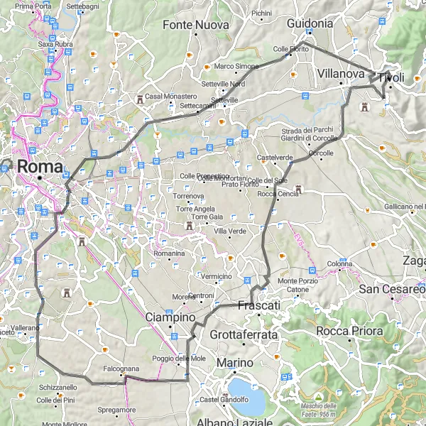 Map miniature of "Tivoli and Surroundings" cycling inspiration in Lazio, Italy. Generated by Tarmacs.app cycling route planner