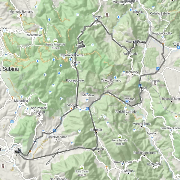 Miniatura della mappa di ispirazione al ciclismo "Giro in bicicletta Tivoli - Rocca Pia" nella regione di Lazio, Italy. Generata da Tarmacs.app, pianificatore di rotte ciclistiche