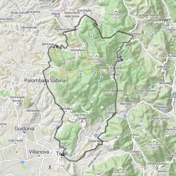 Map miniature of "Explore Valleys and Hills to Rocca Pia" cycling inspiration in Lazio, Italy. Generated by Tarmacs.app cycling route planner