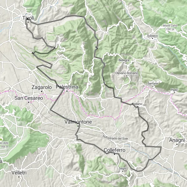 Miniatura della mappa di ispirazione al ciclismo "Tour Panoramico da Monte Catillo a Palestrina" nella regione di Lazio, Italy. Generata da Tarmacs.app, pianificatore di rotte ciclistiche