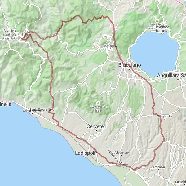 Map miniature of "Tolfa Gravel Loop" cycling inspiration in Lazio, Italy. Generated by Tarmacs.app cycling route planner