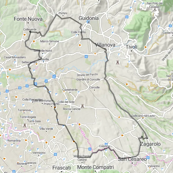 Miniatura della mappa di ispirazione al ciclismo "Percorso in bici Colle Fiorito - Settecamini" nella regione di Lazio, Italy. Generata da Tarmacs.app, pianificatore di rotte ciclistiche