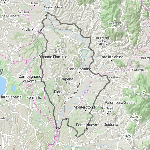 Miniatura della mappa di ispirazione al ciclismo "Avventura ciclistica verso Monte Crocetta e Faleria" nella regione di Lazio, Italy. Generata da Tarmacs.app, pianificatore di rotte ciclistiche