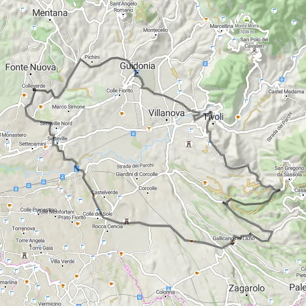 Map miniature of "Castles and Hills Ride" cycling inspiration in Lazio, Italy. Generated by Tarmacs.app cycling route planner