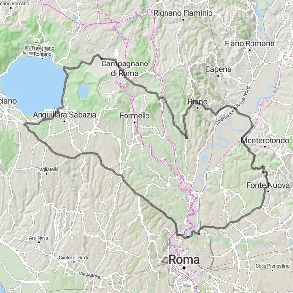 Map miniature of "The Roman Lakes" cycling inspiration in Lazio, Italy. Generated by Tarmacs.app cycling route planner