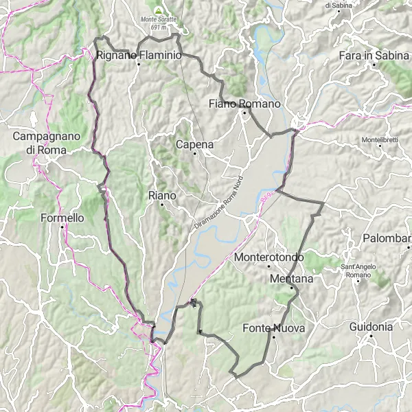 Miniatura della mappa di ispirazione al ciclismo "Giro in bicicletta da Tor Lupara a Rignano Flaminio" nella regione di Lazio, Italy. Generata da Tarmacs.app, pianificatore di rotte ciclistiche