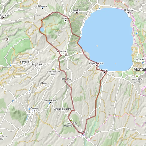 Map miniature of "Valentano Adventure" cycling inspiration in Lazio, Italy. Generated by Tarmacs.app cycling route planner