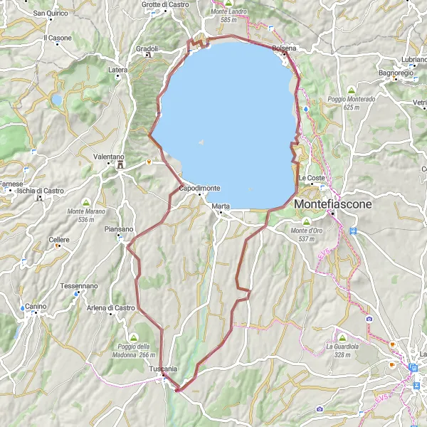 Miniatura della mappa di ispirazione al ciclismo "Il Giro dei Laghi di Bolsena e Mezzano" nella regione di Lazio, Italy. Generata da Tarmacs.app, pianificatore di rotte ciclistiche