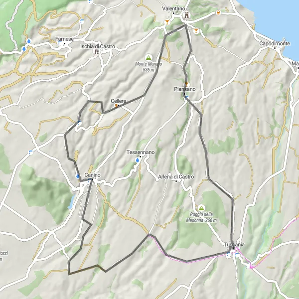 Miniatura della mappa di ispirazione al ciclismo "Giro in bici da strada intorno a Tuscania" nella regione di Lazio, Italy. Generata da Tarmacs.app, pianificatore di rotte ciclistiche