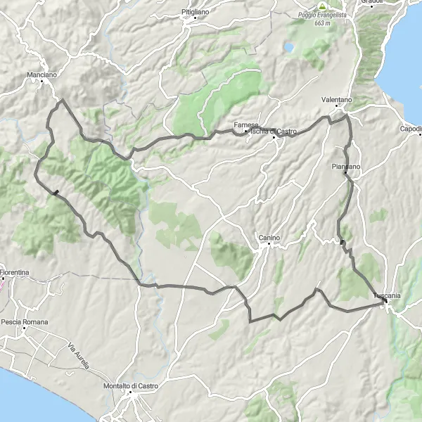 Miniatura della mappa di ispirazione al ciclismo "Giro in Bicicletta da Tuscania" nella regione di Lazio, Italy. Generata da Tarmacs.app, pianificatore di rotte ciclistiche