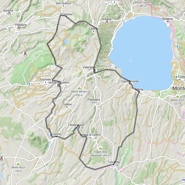 Miniatura della mappa di ispirazione al ciclismo "Il Gran Tour dei Monti Cimini" nella regione di Lazio, Italy. Generata da Tarmacs.app, pianificatore di rotte ciclistiche