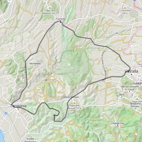 Miniatura della mappa di ispirazione al ciclismo "La Strada dei Pellegrini" nella regione di Lazio, Italy. Generata da Tarmacs.app, pianificatore di rotte ciclistiche