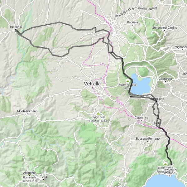 Miniatura della mappa di ispirazione al ciclismo "Tour ciclistico tra Tuscania e Viterbo" nella regione di Lazio, Italy. Generata da Tarmacs.app, pianificatore di rotte ciclistiche