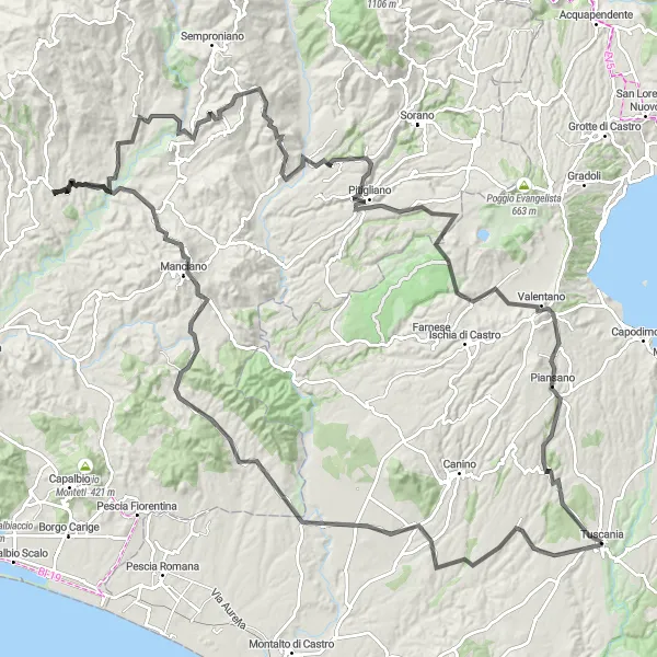 Miniatura della mappa di ispirazione al ciclismo "Avventura in bicicletta tra Tuscania e Sovana" nella regione di Lazio, Italy. Generata da Tarmacs.app, pianificatore di rotte ciclistiche