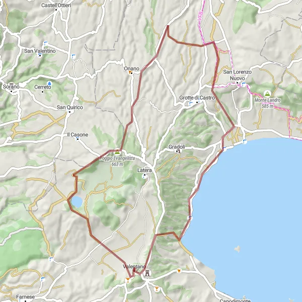 Miniatura della mappa di ispirazione al ciclismo "Valentano - Colle Virgutti - Chiesa di Sancta Maria ad Templum" nella regione di Lazio, Italy. Generata da Tarmacs.app, pianificatore di rotte ciclistiche