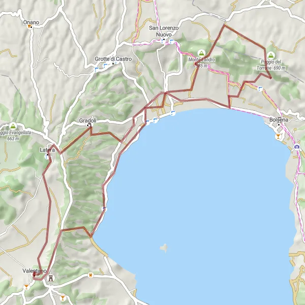 Miniatura della mappa di ispirazione al ciclismo "Giro Gravel da Valentano a Poggio del Torrone" nella regione di Lazio, Italy. Generata da Tarmacs.app, pianificatore di rotte ciclistiche